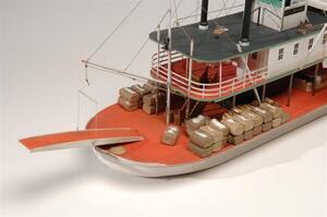 A.R Bragg paddle wheel model bow close-up with raised gangplank, stacked cargo bales and railed forward deck