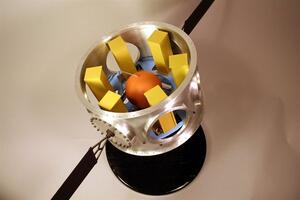 Ring propulsion model seen from above, looking into the aluminum ring at yellow boxes around an orange spherical tank