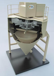 Air separator working model with cutaway housing exposing the rotor and inner cone, on steel legs and a black base