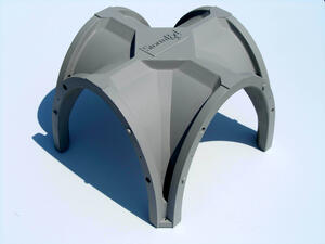 Storm drainage model table base seen from above at an angle, four gray arched legs meeting at a central logo plate