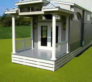 Manufactured home scale model porch close-up with white columns, railings, French doors and clerestory window