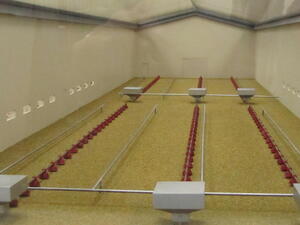 Poultry house scale model interior with rows of red feeder pans, feed lines and hoppers on a litter floor