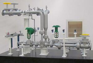 Industrial skid model front view with gray piping, green control valves and handwheel valves on a black base