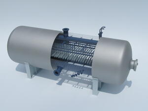 Oil dehydrator scale model with a clear center cutaway revealing blue internal piping and white plates, on saddle supports