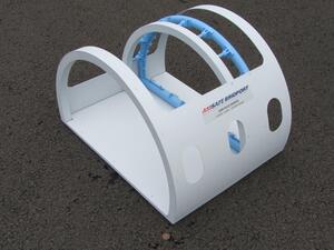 Airplane fuselage section model with open top, blue 3D printed barrier frame and window cutouts, a penny for scale