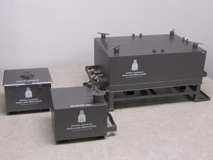 Set of three oilfield storage container models: large tank on skid frame, waste oil tank and solid waste box
