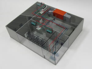 Cooling system model seen from above with smoked clear walls showing color-coded piping, racks and orange air handler