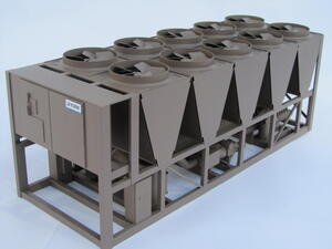 Air-cooled chiller scale model from the front corner, showing the control panel, ten top fans and V-shaped coil bays