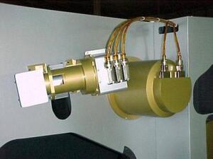 Gold-finished detector assembly on the VIIRS sensor model with braided cables linking its connectors