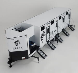 Super Sleeper bunkhouse trailer model by KiwiMill, elevated front view with cutaway end room and numbered doors
