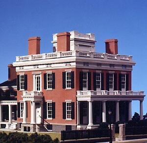 Hoyt-Potter House architectural model, corner view of brick facade, rooftop balustrade, chimneys and columned porch