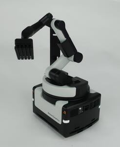 Stretch robot model from the front corner, arm raised with suction gripper hanging beside the black perception mast