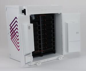 Energy storage system model with both doors open, revealing two racks of black battery modules and a magenta side graphic