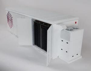 Energy storage system model with side doors open showing black battery racks, end HVAC unit with twin fans