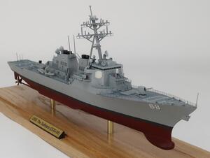 USS The Sullivans DDG-68 destroyer model, bow three-quarter view with hull number 68 and brass pedestals on oak base