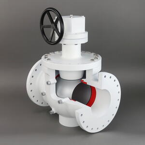 Top entry ball valve training model with cutaway body showing the gray ball, red seat seals and handwheel gearbox
