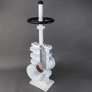 Gate valve training model by KiwiMill, cutaway body showing the gate, red seals and handwheel on a white base plate