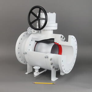 Trunnion ball valve training model with quarter cutaway showing the ball, red seats and black handwheel on top