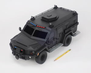 Lenco Bearcat scale model by KiwiMill, front three-quarter view from above with a pencil for scale
