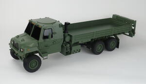 FMTV A2 truck scale model by KiwiMill, front three-quarter view of the armored cab, 20ft cargo bed and rear crane