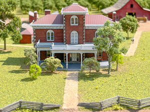 Peel Museum diorama cover: front of brick farmhouse with porch, gravel walk and split rail fence, barn behind