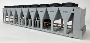 Air-cooled chiller scale model angled from the control panel end, showing V-coil banks, copper piping and compressors
