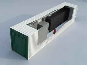 Cooling container scale model with cutaway roof and side wall revealing gray cabinets, black unit and red extinguisher