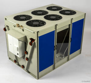 TrilliumSeries adiabatic cooler model by KiwiMill with six top fans, blue pre-cooler pads and end control box