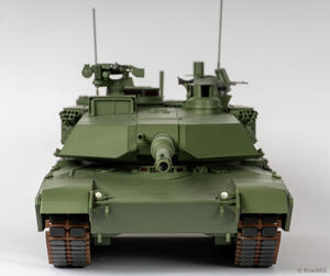 M1A2 SepV3 tank model at 1/12 scale, head-on front view of turret armor, main gun muzzle and track ends