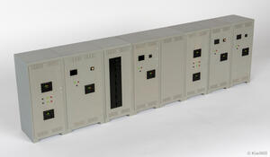 Mission Critical Group switchgear scale model, eight gray sections with breakers and indicator lights, seen from front left