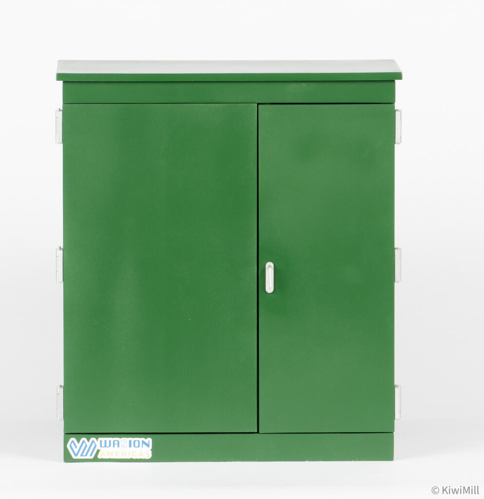 Front view of transformer model cabinet with both doors closed, silver hinges, door handle and lower badge