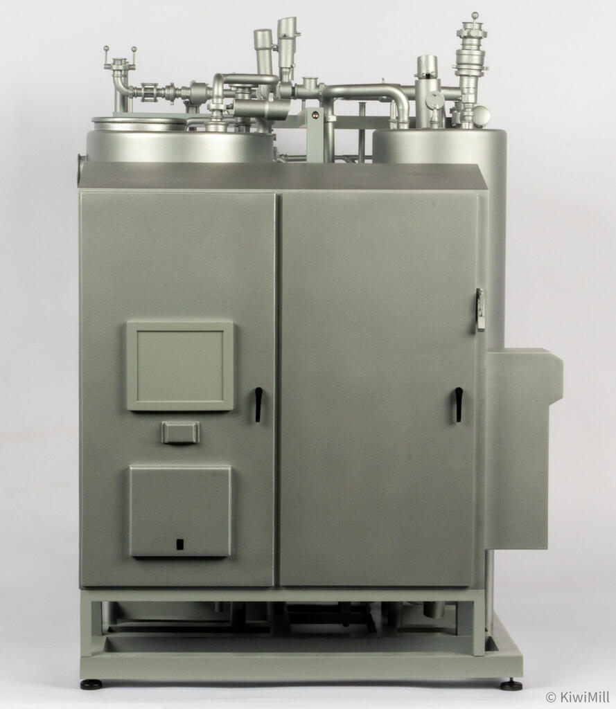 Straight-on view of the enclosure end with two door handles, operator display panel and side-mounted box