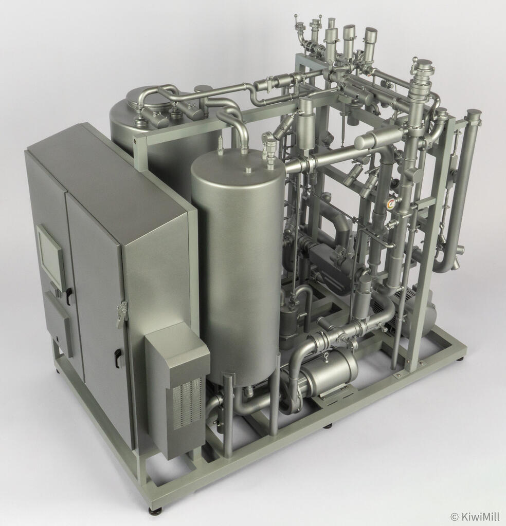 High rear corner view of the blending skid model with enclosure, second vertical tank and vented side box