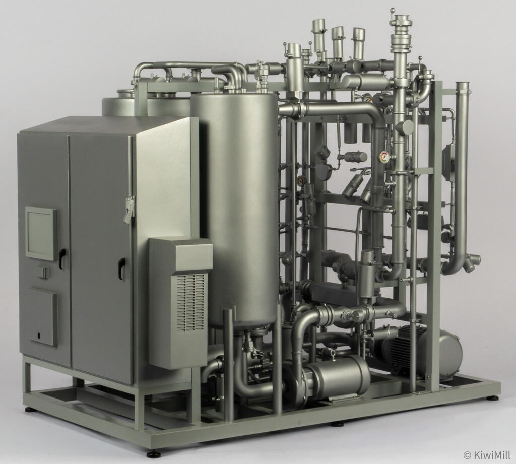 Blending system model rear three-quarter view showing the louvered side box, tall tank, pump and pipe rack