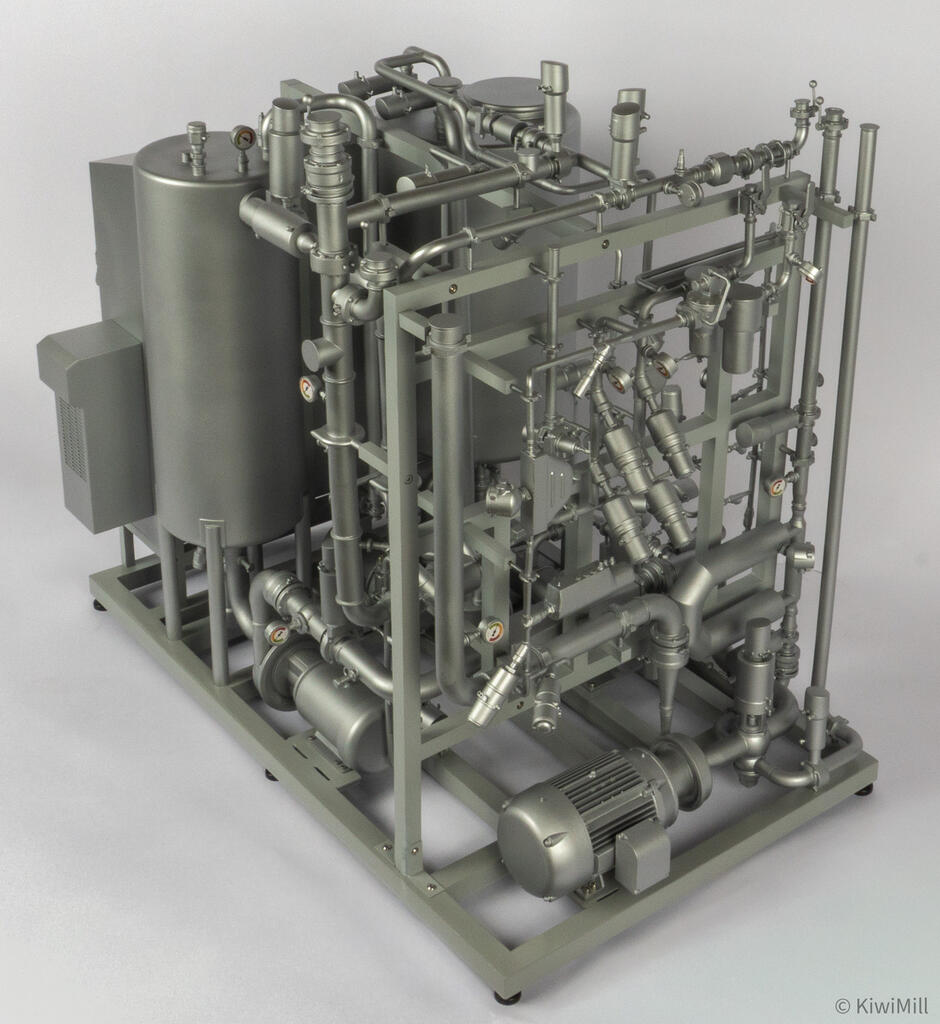 Elevated corner view of the model's valve end, angled actuator banks, finned motor and gray skid frame