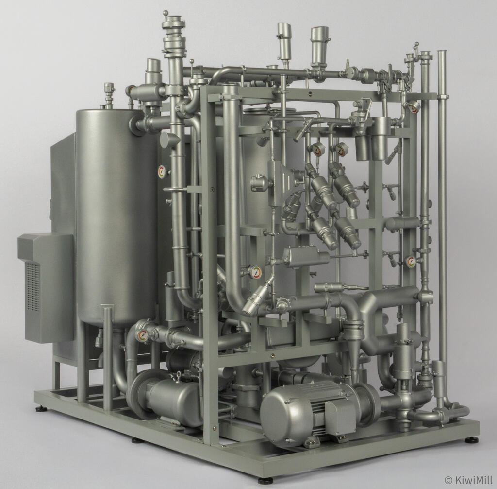 Low corner view of the blending system model showing angled valve actuators, gauges and two pump motors