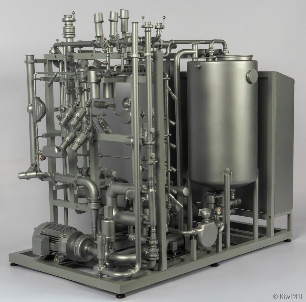 BlenZer inline blending system scale model by KiwiMill, three-quarter view of open skid with pump motor, piping and tank