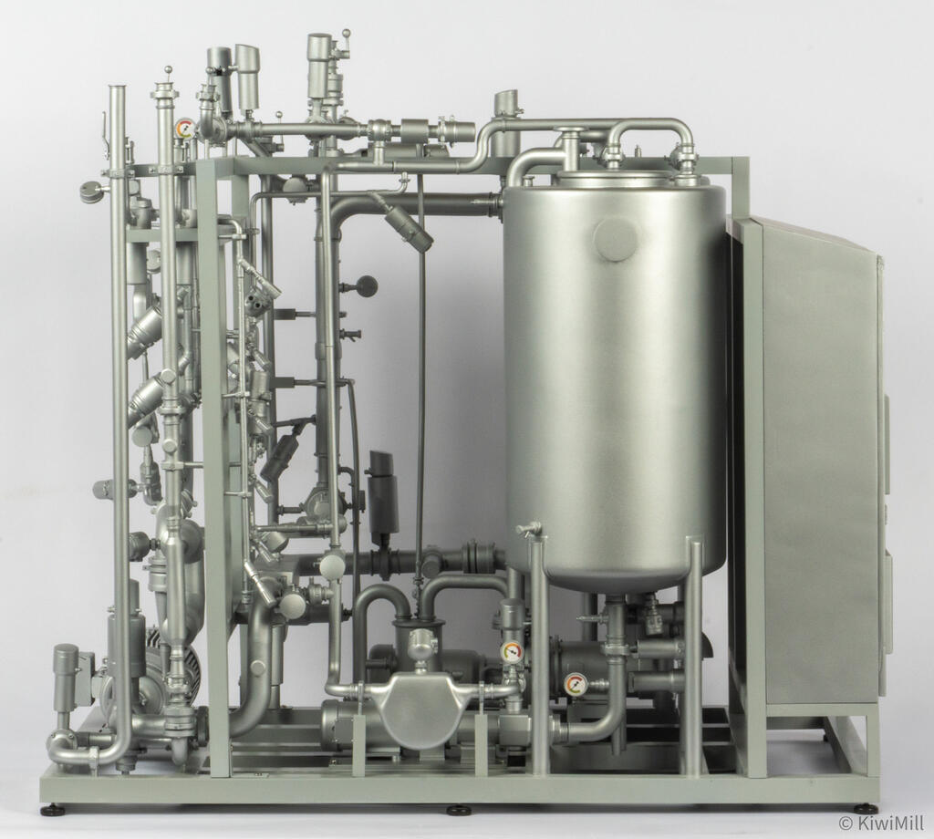 Side elevation of the blending system model with cone-bottom tank on legs, mass flow meter and electrical enclosure
